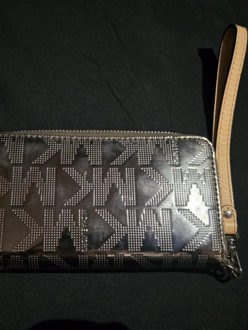 Michael Kors Metallic Gunmetal MK Logo Zip Around Wristlet Wallet